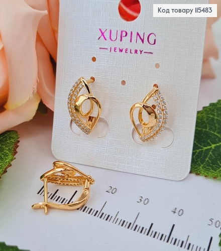 Серьги "Листочек с петелькой" в камешках, 1,5см, англ. зам. Xuping 18K 115483 фото 2