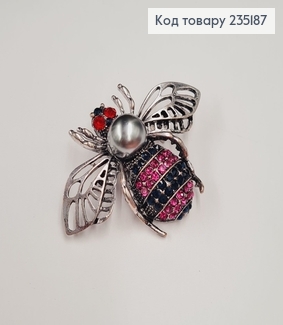 Брошка метал Муха серебро с розовыми камушками 5х3,5см 235187 фото