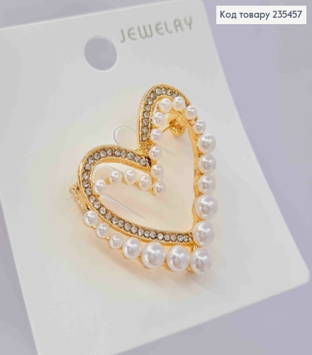 Брошка "СЕРЦЕ" з Блискучими камінцями та Перлинками, 3,5*4см, Золотого кольору 235457 фото 2