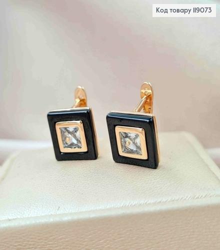 Серьги "Квадратные" с Черной эмалью и камнем внутри, 1,1*1,1см, английская застежка, XUPING 18K 119073 фото 1