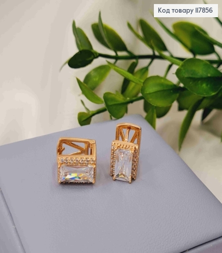 Серьги кольца, "Квадратные" с большим блестящим камнем, 1,1*0,8см, Xuping 18К. 117856 фото 1