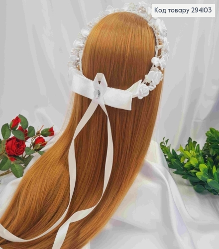 Венчик с нежными розами и бусинками, белого цвета, ручная работа. 294103 фото 1