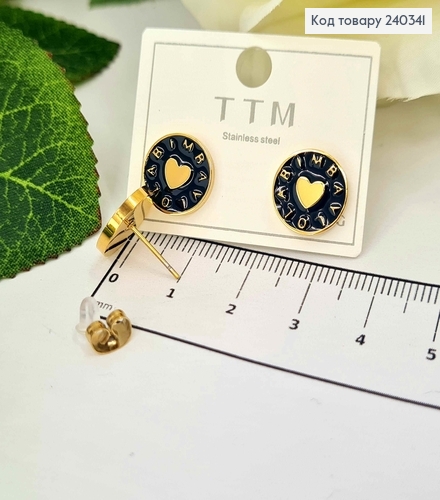 Серьги гвоздики, лимонного цвета, кружочки "Bimbay Lola", с черной эмалью, Сталь Stainless Steel 240341 фото 1