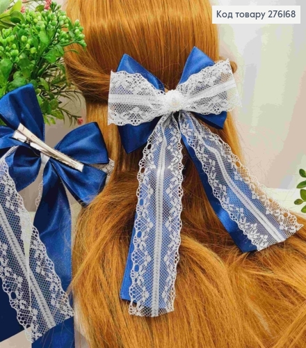 Бант атласний з мереживом СИНЬО-БІЛИЙ  на заколці "стріла", розмір 13*20см, ручна робота, Україна 276168 фото 1