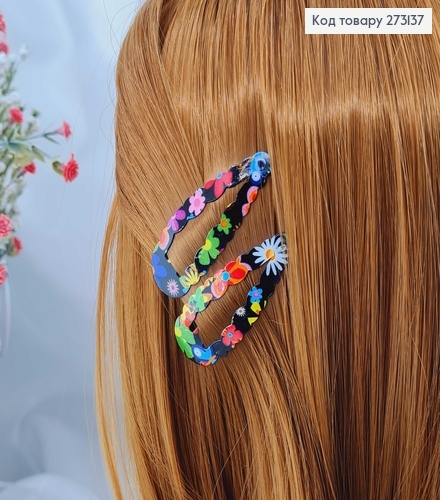 Заколки Тик-так 5 см, овальные с волнистыми краями, цветы, 12 шт/уп. 273137 фото 1