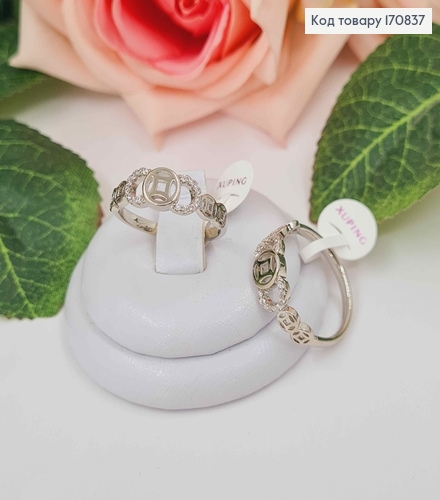 Кольцо родованное, с тремя кольцами и квадратиком в центре, в камешках, Xuping 170837 фото 1