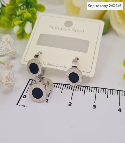 Cерёжки кольца 1.0 см Римские часы с чёрной эмалью, цвет серебряные Stainless Steel 240245 фото 1
