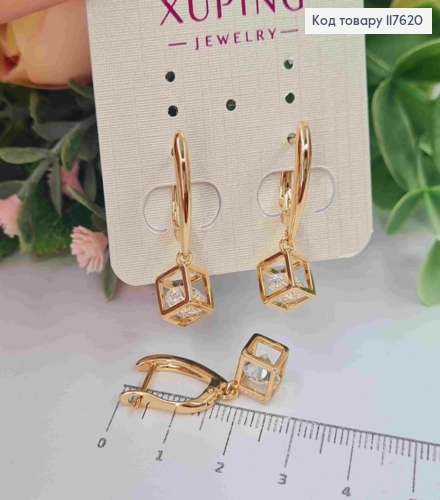 Серьги с подвесным Блестящим камешком в Кубе, 1,8+1,1см, англ. застежка, Xuping 18К 117620 фото 1