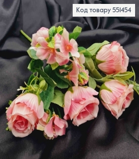 Искусственная композиция Розы с Жасмином, БЛЕДНО-РОЗОВЫЕ, 7 веточек на металл. стержни, высота 33см 551454 фото