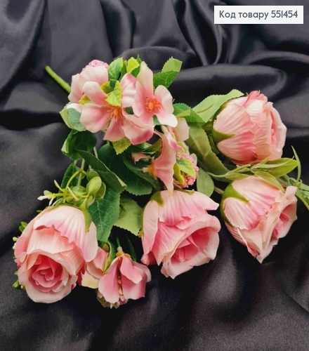 Штучна композиція Троянди з Жасміном, БЛІДО-РОЖЕВІ, 7 гілочок на метал. стержні, висота 33см 551454 фото 1