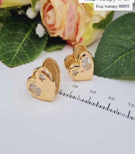Сережки кільця Сердечка з прямокутним Каменем та Зірочкою, 1,5см,  Xuping 18K 118895 фото 1