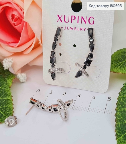 Серьги родированые на все ухо с черными камнями Xuping 180593 фото 2