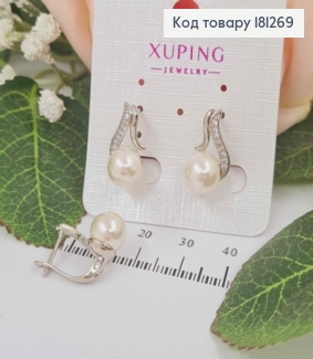Сережки родовані "Дар" в камінцях, з перлинкою. 1,6см , з англ. заст. Xuping 181269 фото