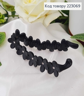 Заколка банан, черная, матовая, цветочек с камешком, 10см 223069 фото