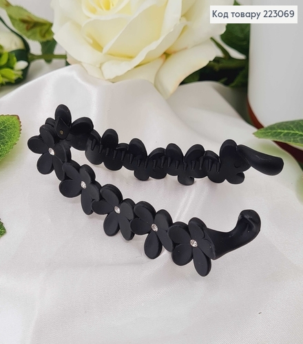 Заколка банан, черная, матовая, цветочек с камешком, 10см 223069 фото 1