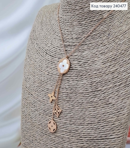 Ланцюжок, золотого кольору, з підвісками "Van Cleef" з білою емалькою, 40+5см, сталь Stainless Steel 240477 фото 1