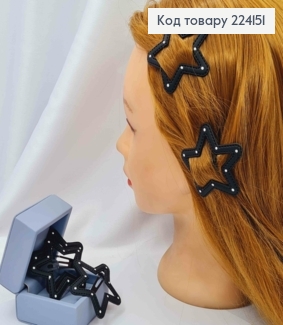 Заколка-Тік-так, "ЗІРКА" покрита Чорною екошкірою в Білу крапочку, 6,5*7см 224151 фото
