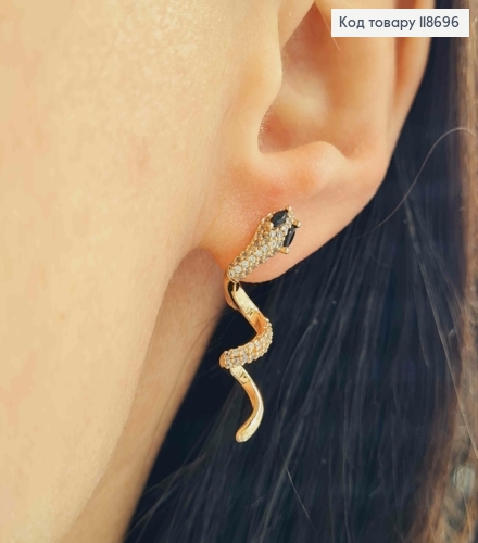 Сережки "Змія" в Блискучих камінцях та з Чорними очима, 2,7см, англійська застібка, Xuping 18К 118696 фото 2