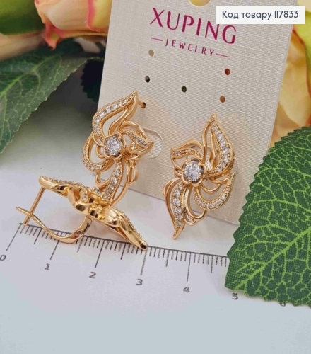 Сережки "Зоряна Квітка" з Блискучими камінчиками, довжина 2,8см, англійська застібка, Xuping 18K 117833 фото 3