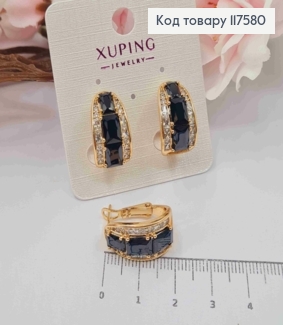 Серьги овальные, "Фантазия" украшены камешками Черного цвета, 1,9см, итал. застежка, XUPING 18K 117580 фото