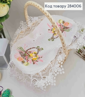 Великодня серветка, з білим мереживом "Рожева композиція з курчатками", овальна 40*60см 284006 фото