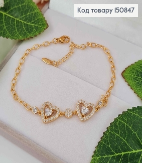 Браслет "Два сердечка" в камнях, с двумя камешками в оправе, дл. 17+4см, Xuping 18К 150847 фото