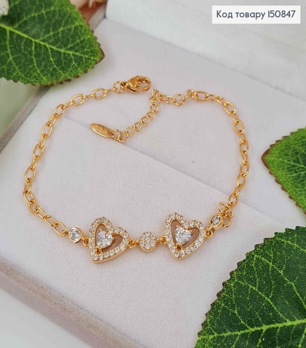 Браслет "Два сердечка" в камнях, с двумя камешками в оправе, дл. 17+4см, Xuping 18К 150847 фото 1