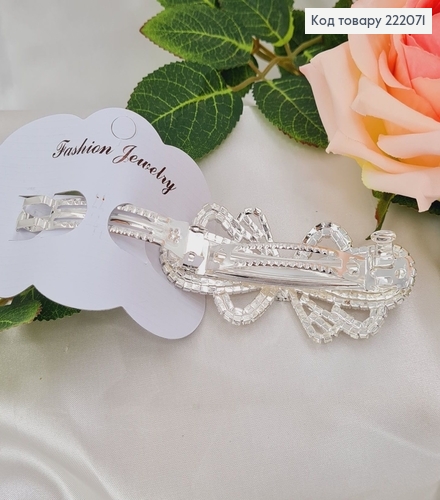 Заколка метал автомат 9см Бантик в камнях  (серебряного цвета ) 222071 фото 2