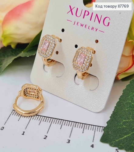 Серьги кольца (1,6см) с Квадратным Розовым камешком, Xuping 18К 117769 фото 1