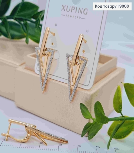 Серьги с подвеской "Треугольники" с Блестящими камешками, 3,4см, английская застежка, XUPING 18K 119808 фото 1