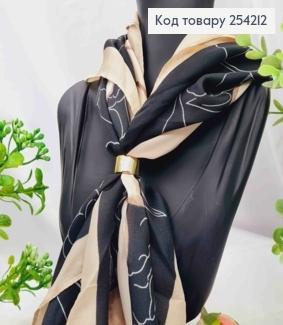 Платок с колечком, Черно-Кремового цвета с рисунком "Цветок", 70*70см, 100% полиэстр (шелк) 254212 фото