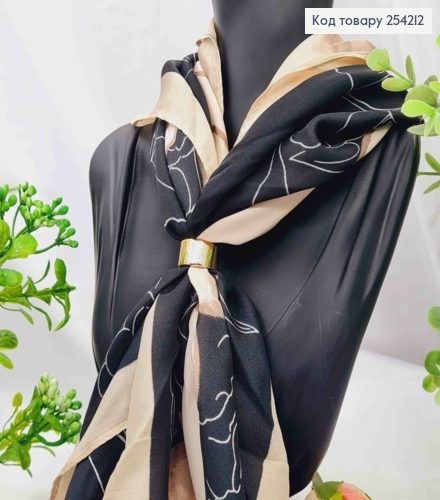 Хустка з колечком, Чорно-Кремового кольору з малюнком "Квітка", 70*70см, 100% поліестр (шовк) 254212 фото 1