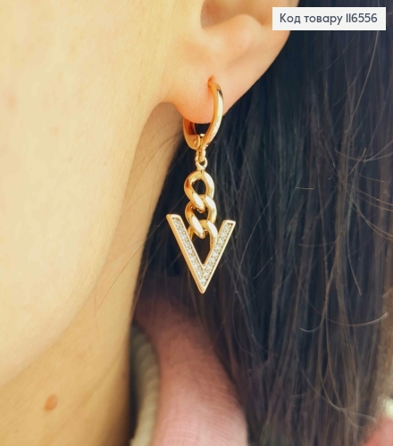 Серьги кольца 1см, с подвесками стрелочками на цепочке, в камешках, 2см, Xuping 18K 116556 фото 1