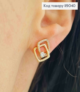 Сережки гвіздки, два Ромби прикрашені Блискучими камінцями, 1,4см, XUPING 18K 119040 фото