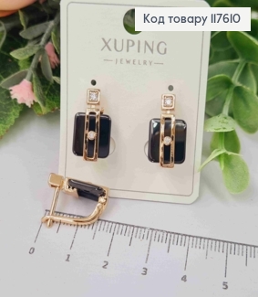 Серьги с квадратной Черной пластиной и камешками, 1,7см, англ. застежка, Xuping 18К 117610 фото