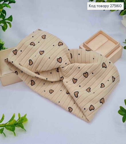 Повязка чалма детская, Бежевого цвета с принтом "Сердце", диаметр 36*9см, ручная работа, Украина. 275160 фото 1