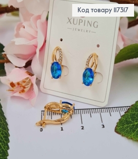 Серьги "Лепесток" с камешками и большим Голубым камешком 1,7см, англ застежка, Xuping 18К 117317 фото