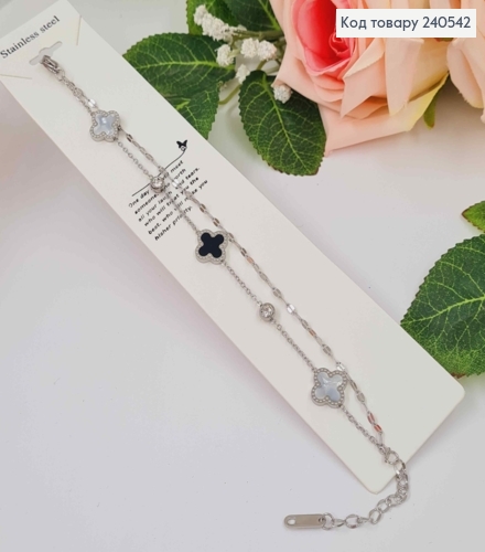 Браслет серебряного цвета, "Van Cleef" с белой эмальлькой и камешками, 17+3см сталь Stainless Steel 250012 фото 1