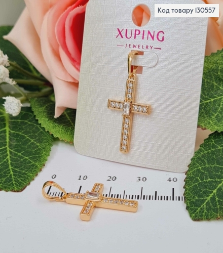 Крестик прямоугольным камнем по центру, 2,5*1,5см, Xuping 18K 130557 фото 1