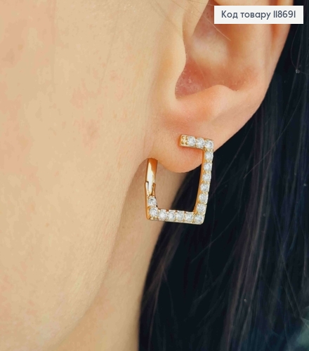 Сережки "Квадратні" з Блискучими камінцями, 1,8см, англійська застібка, Xuping 18К 118691 фото 3