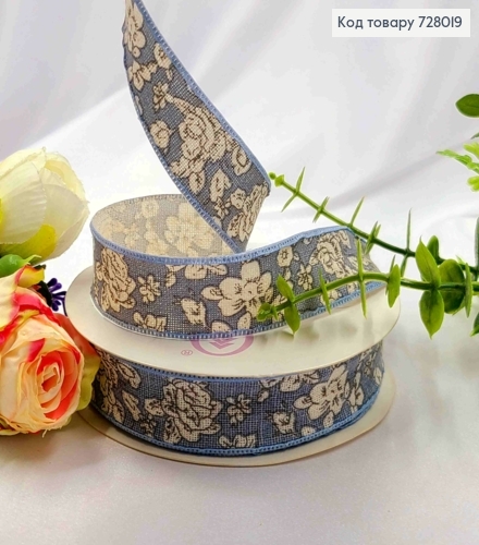 Лента-мешковина ГОЛУБАЯ с принтом ЦВЕТЫ, ширина 2,5см, длина 20 ярдов (18м) 728019 фото 1