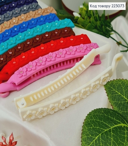 Заколка банан, каучук, цветочек с камешком, 10см цветной в ассорт. 223073 фото 2