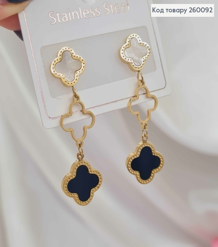 Серьги гвоздики "Van Cleef" с черной и перламутровой эмалью, лимонные 4,5см, сталь Stainless Steel 260092 фото 3