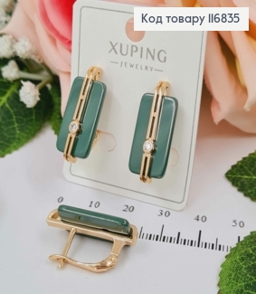 Серьги "Венера" с зеленой пластинкой и камешком, 2,5см, англ. зам. Xuping 18K 116835 фото