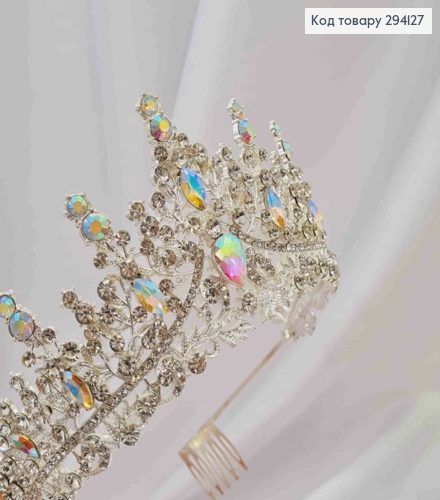 Диадема "Сказочная" с блестящими камнями Хамелеон, Серебряного цвета, высочайшая точка 7см 294127 фото 2