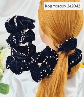 Резинка велюр  об'ємна чорна з камінцями (ціна за 1 шт) 242042 фото