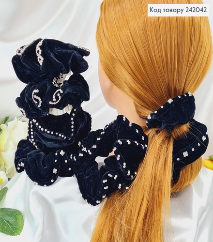 Резинка велюр  об'ємна чорна з камінцями (ціна за 1 шт) 242042 фото 1