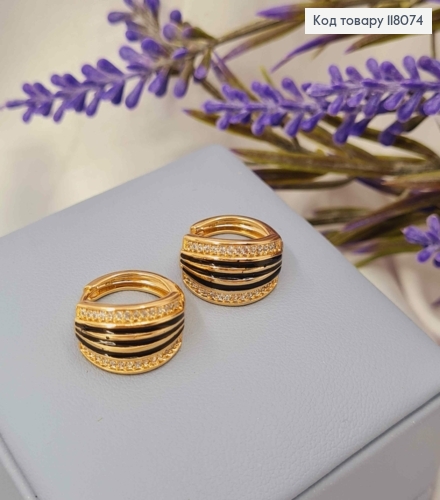 Серьги кольца с Камешками и Черной эмалью, диаметр 1,6см, Xuping 18К. 118074 фото 1