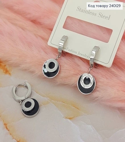 Серьги кольца Римский часы серебряный цвет с черным камнем  Stainless Steel 240129 фото 1