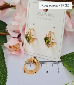 Серьги колечки 1,6см, с камешком в виде Сердца салатового цвета, Xuping 18К. 117312 фото